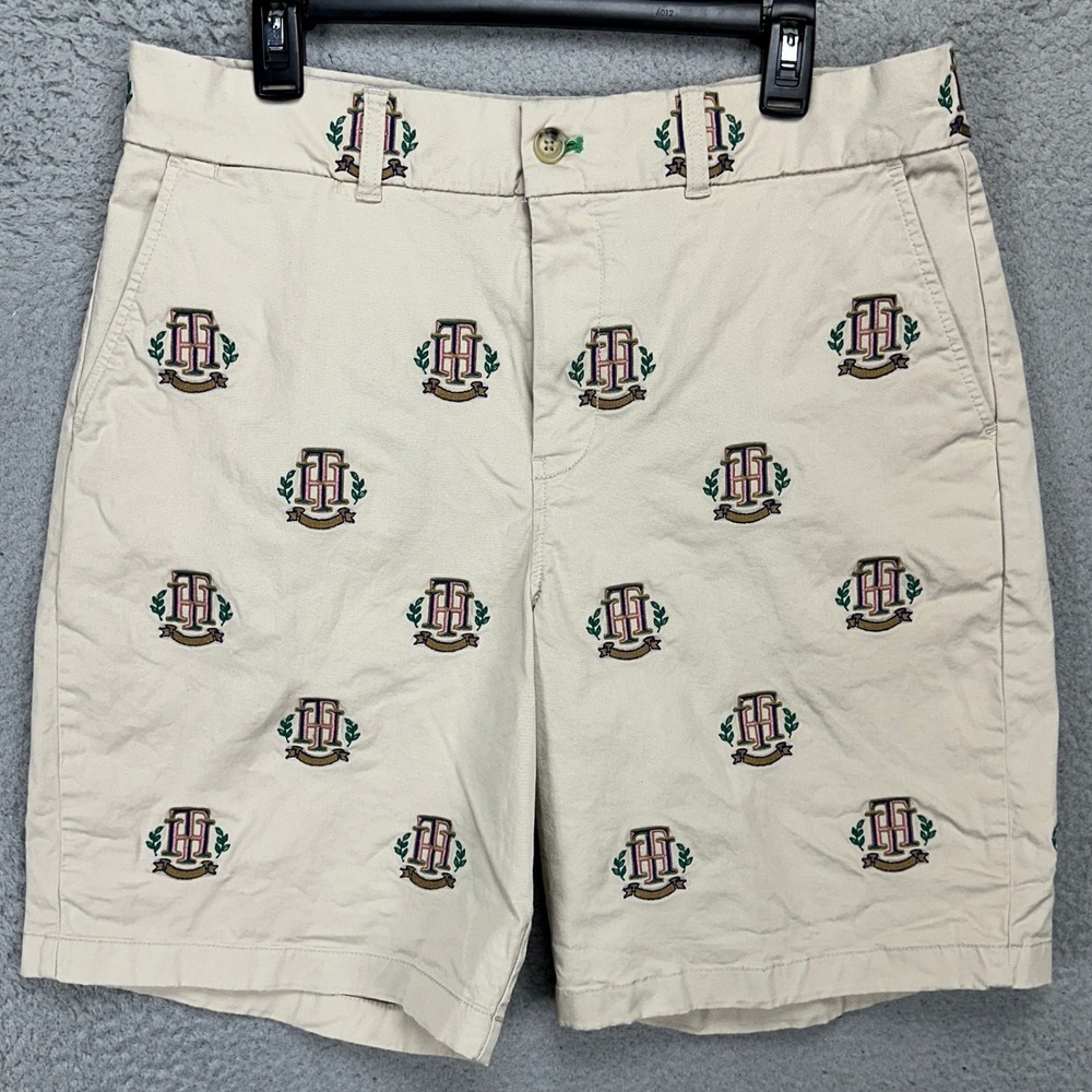 Tommy Hilfiger Mens khaki Shorts 34 Beige Embroidered Logo Flat Front Stretch